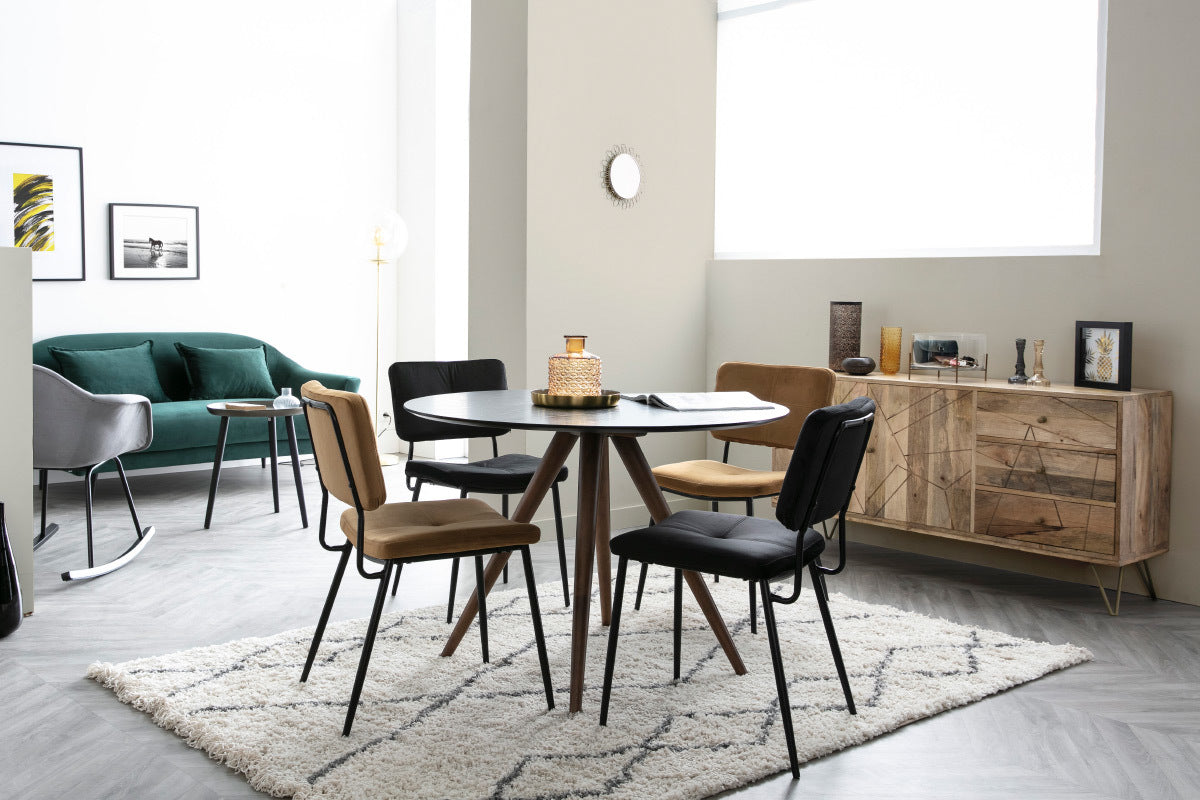 Buffet gravé en bois manguier massif et métal doré 2 portes 3 tiroirs