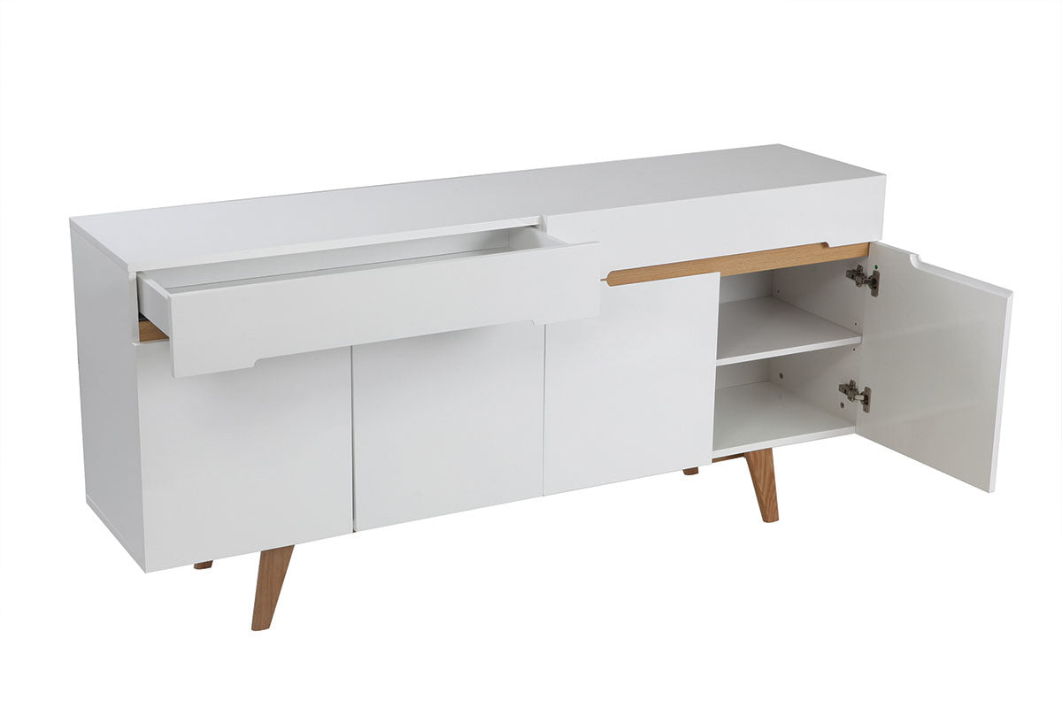 Buffet scandinave blanc brillant et finition bois clair