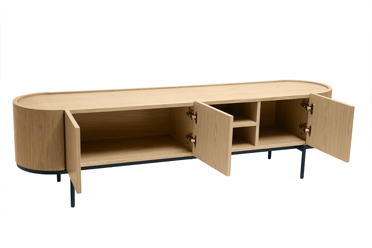 Meuble TV design bois clair et métal noir avec rangements