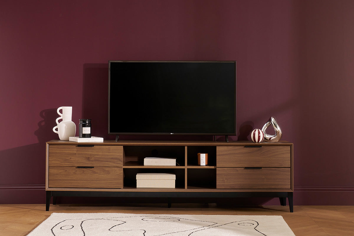 Meuble TV vintage finition bois foncé noyer et métal noir avec rangements