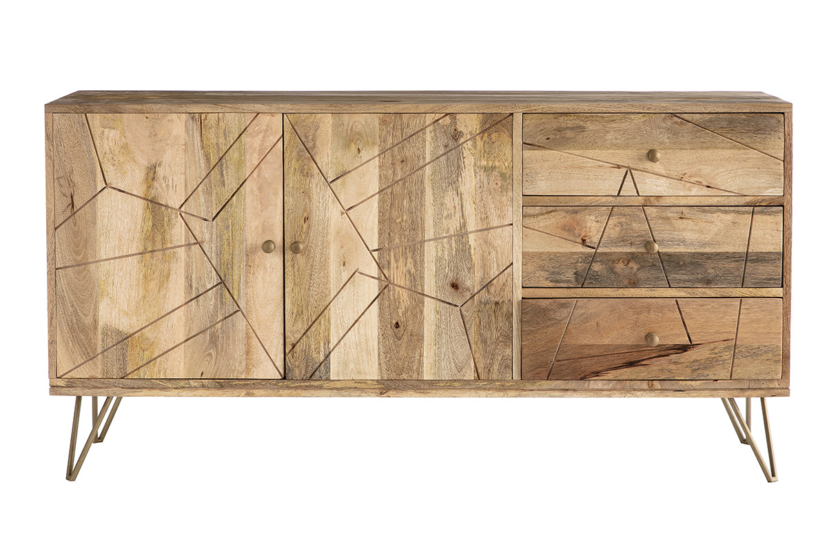 Buffet gravé en bois manguier massif et métal doré 2 portes 3 tiroirs