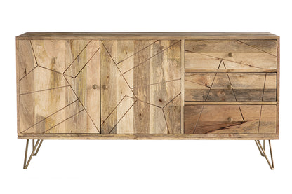 Buffet gravé en bois manguier massif et métal doré 2 portes 3 tiroirs