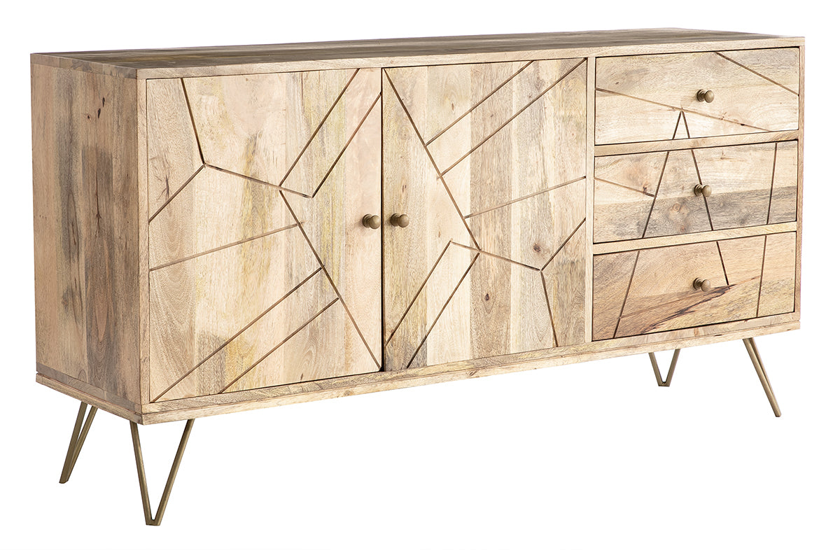 Buffet gravé en bois manguier massif et métal doré 2 portes 3 tiroirs