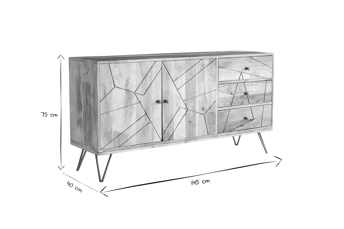 Buffet gravé en bois manguier massif et métal doré 2 portes 3 tiroirs