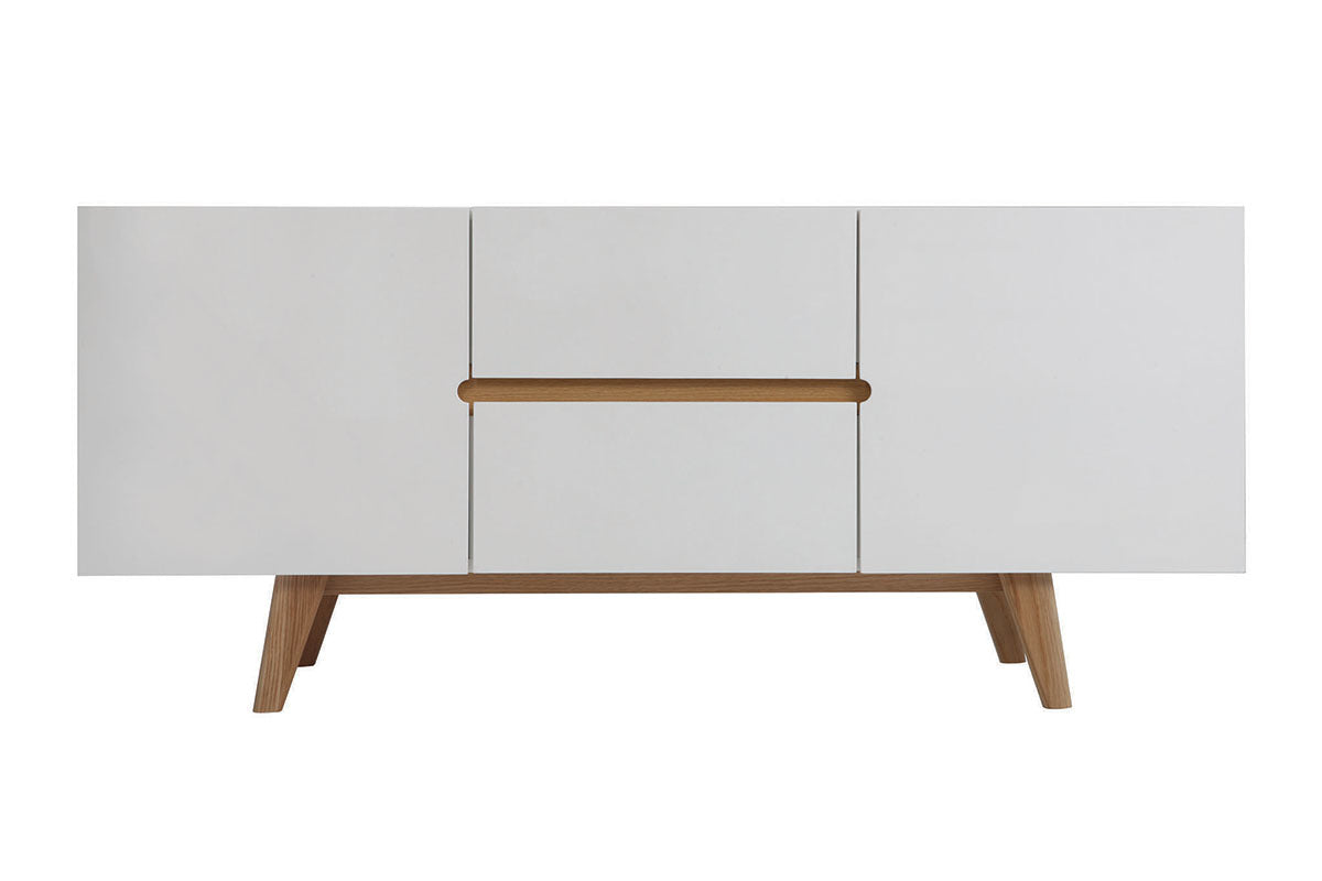Buffet scandinave blanc brillant et finition bois clair 2 portes 2 tiroirs