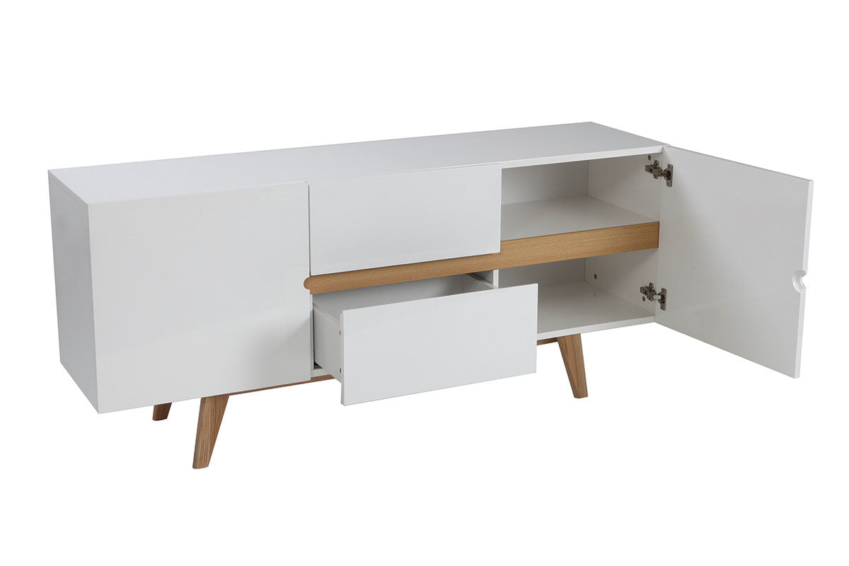 Buffet scandinave blanc brillant et finition bois clair 2 portes 2 tiroirs