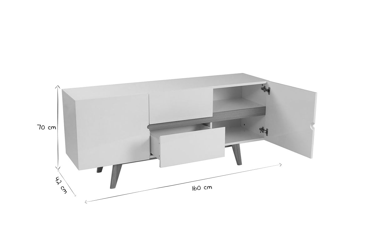 Buffet scandinave blanc brillant et finition bois clair 2 portes 2 tiroirs