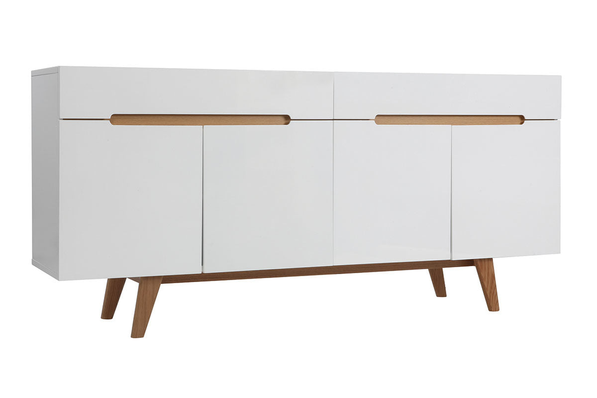 Buffet scandinave blanc brillant et finition bois clair