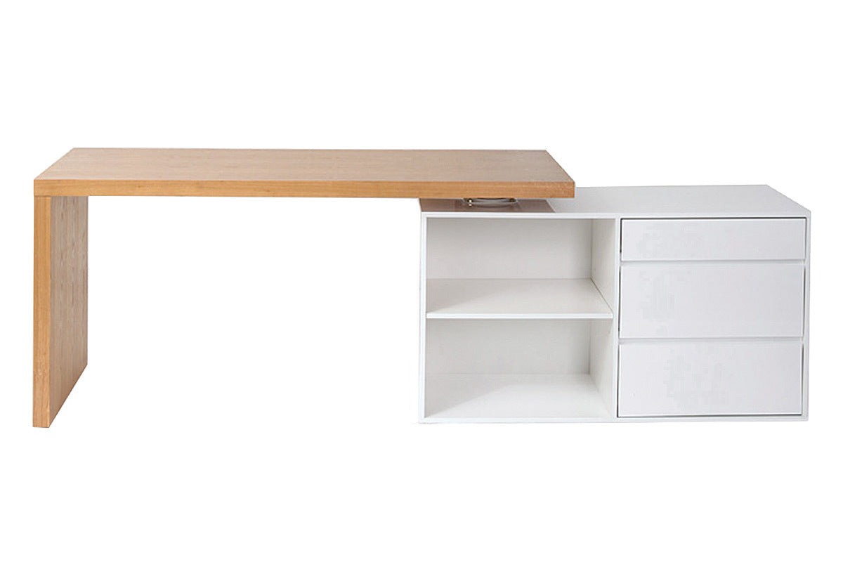 Bureau modulable design blanc brillant et bois clair frêne