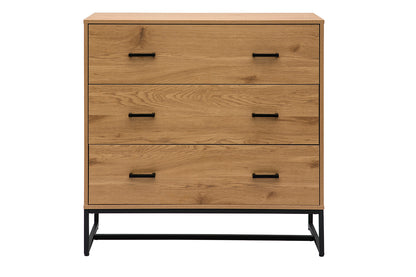 Commode 3 tiroirs finition bois clair chêne et métal noir