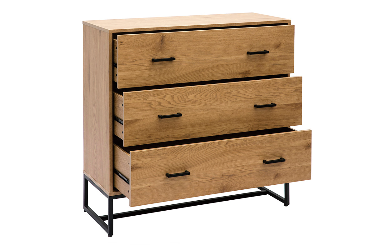 Commode 3 tiroirs finition bois clair chêne et métal noir