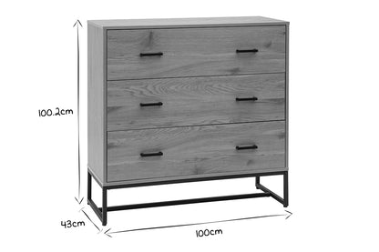 Commode 3 tiroirs finition bois clair chêne et métal noir