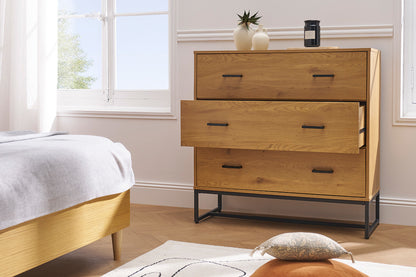 Commode 3 tiroirs finition bois clair chêne et métal noir