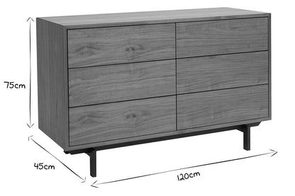 Commode vintage bois foncé noyer et métal noir 6 tiroirs