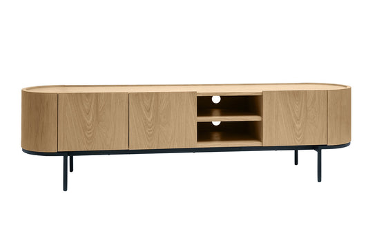 Meuble TV design bois clair et métal noir avec rangements