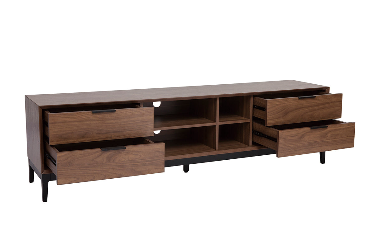 Meuble TV vintage finition bois foncé noyer et métal noir avec rangements