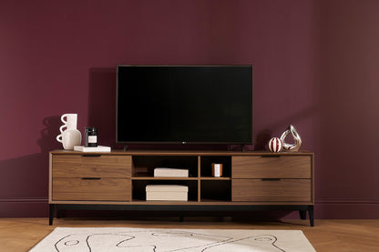 Meuble TV vintage finition bois foncé noyer et métal noir avec rangements